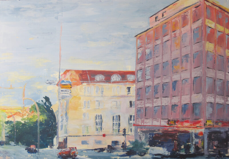 In der Stadt 100 x 70 cm 2015 Acryl Altona Häuser Straße Leinwand Original Art Sonja Wythe